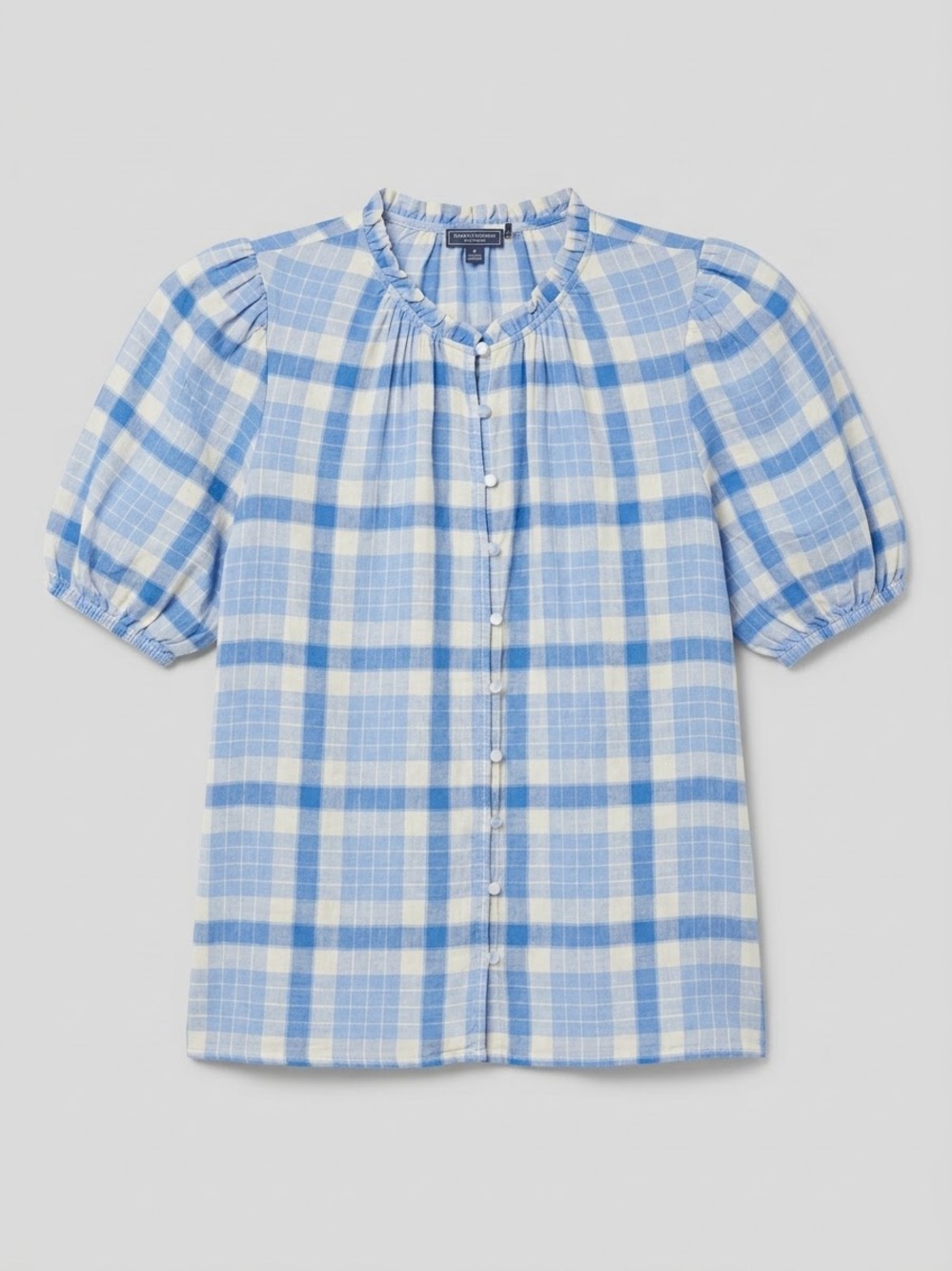Vineyard Vines Light Blue and White Plaid Puff-Sleeve Blouse